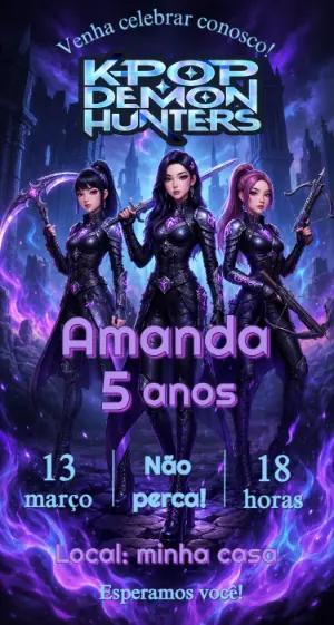 Convite de Aniversário Kpop Demon Hunters Editável
