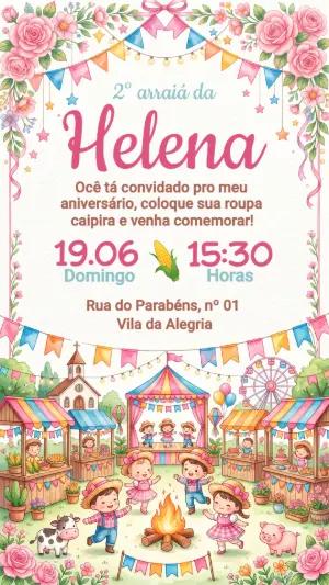 Convite de Aniversário Festa Junina Menina Aquarela Editável