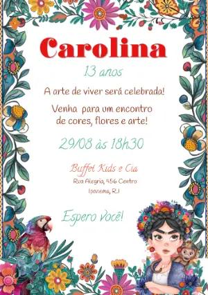 Convite de Aniversário Artístico Floral Tema Frida Kahlo Editável