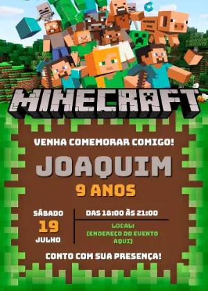 Convite Aniversário Minecraft com Personagens para Editar