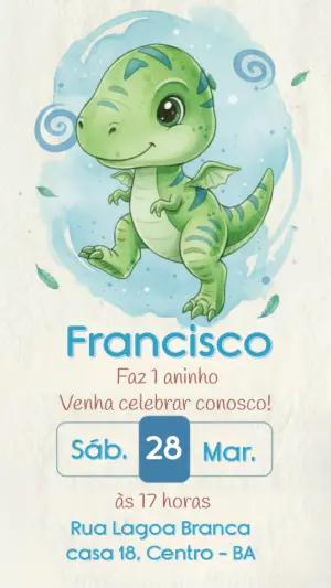 Convite de Aniversário Dinossauro Fofo Aquarela para Editar