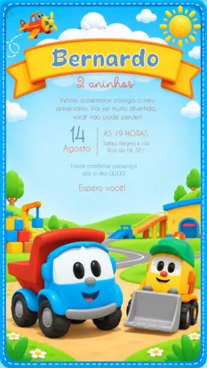 Convite de Aniversário Léo o Caminhão Modelo Digital Editável