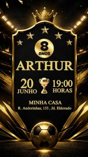 Convite de Aniversário Futebol Preto e Dourado Editável