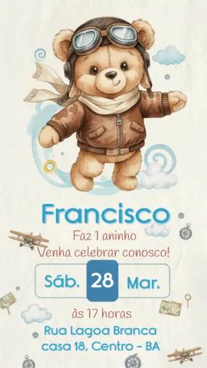 Convite de Aniversário Ursinho Aviador Aquarela para Editar