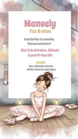 Convite de Aniversário Bailarina Aquarela para Editar Online