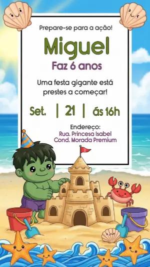 Convite Aniversário Hulk Baby na Praia para Editar Online