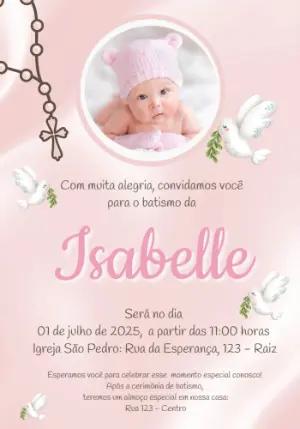 Convite de Batizado Rosa com Foto para Editar Online