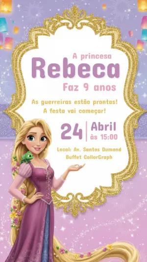 Convite de Aniversário Rapunzel Roxo e Dourado para Editar