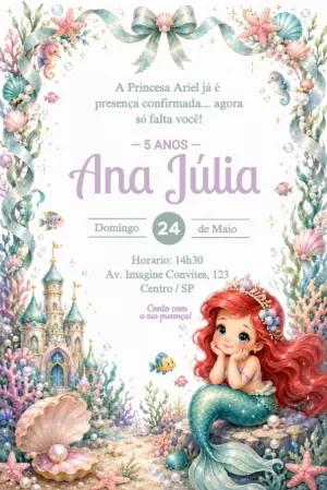 Convite de Aniversário Princesa Sereia Aquarela Editável