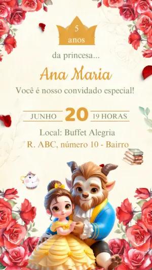 Convite Aniversário A Bela e a Fera para Editar Online