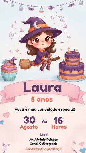 Convite de Aniversário Bruxinha Fofa em Tons Pastel para Editar
