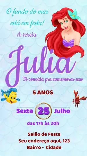 Convite Aniversário Pequena Sereia Ariel para Editar Online