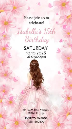 Elegant Pink Floral 15th Birthday Invitation | Editable Template