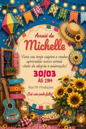 Convite de Festa Junina Rústico com Girassóis para Editar