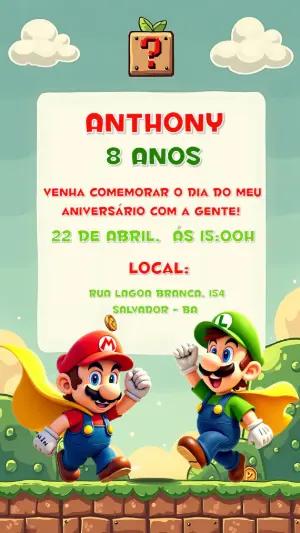 Convite de Aniversário Super Mario e Luigi para Editar Online