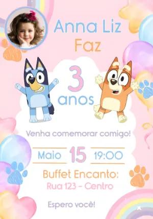 Convite de Aniversário Bluey e Bingo com Foto para Editar