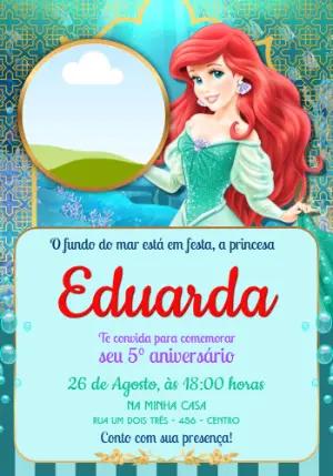 Convite de Aniversário Pequena Sereia Ariel Editável com Foto