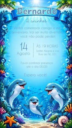Convite de Aniversário Golfinhos Fundo do Mar Editável