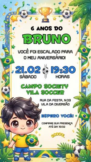 Convite de Aniversário Infantil Futebol Brasil Editável