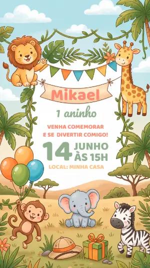 Convite de Aniversário Safari Baby Fofo para Editar