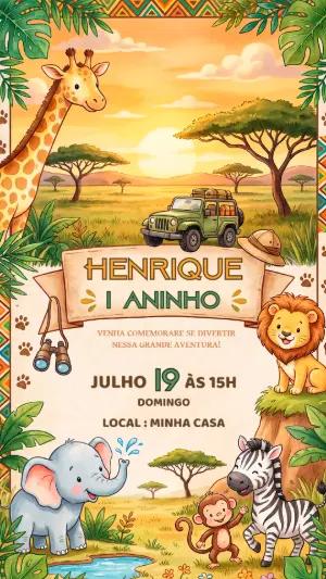 Convite de Aniversário Safari Baby com Animais para Editar