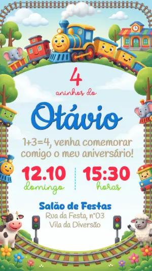Convite de Aniversário Infantil Trenzinho Colorido para Editar