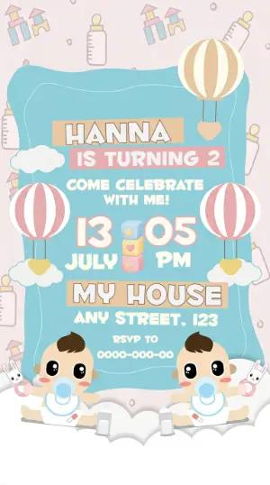 Cute Baby Birthday Invitation with Hot Air Balloons - Editable Template