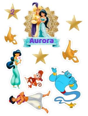 Topo de Bolo Aladdin e Jasmine Editável para Imprimir