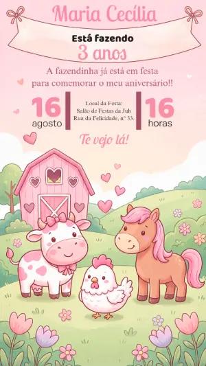 Convite de Aniversário Fazendinha Rosa Editável
