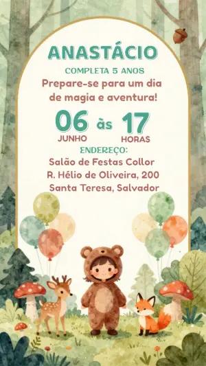 Convite de Aniversário Bosque Encantado Aquarela para Editar