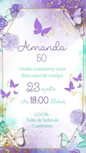 Convite de Aniversário Borboletas Lilás e Dourado para Editar