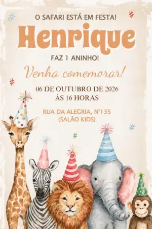 Convite de Aniversário Safari Aquarela para Editar Online