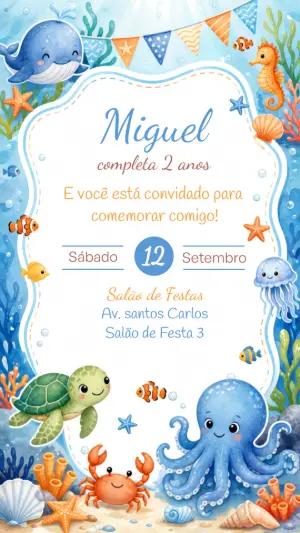 Convite de Aniversário Fundo do Mar Aquarela Editável