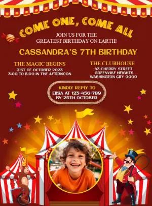 Fun Circus Birthday Party Invitation | Digital Editable Template with photo
