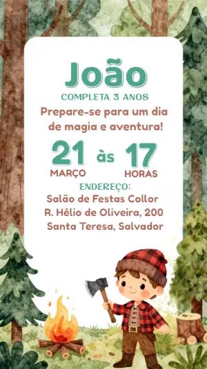 Convite de Aniversário Lenhador na Floresta Editável