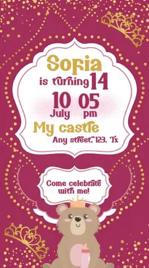 Editable Princess Bear Birthday Invitation in Pink and Gold