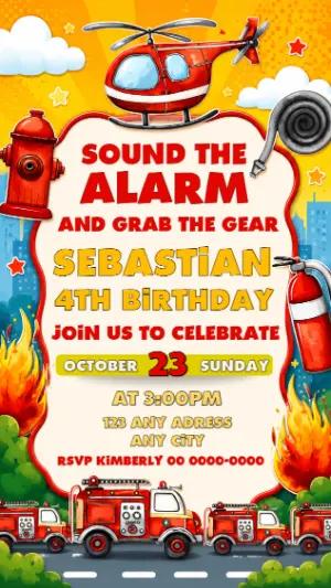 Cartoon Fire Truck Birthday Invitation | Editable Template