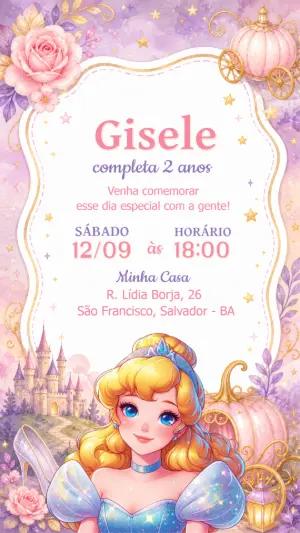 Convite de Aniversário Cinderela Princesa | Modelo Editável