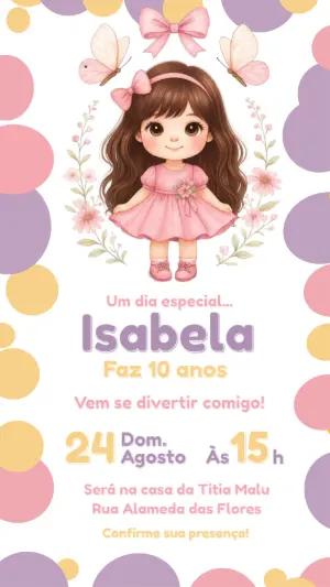 Convite Digital Infantil Tema Boneca Fofa para Editar