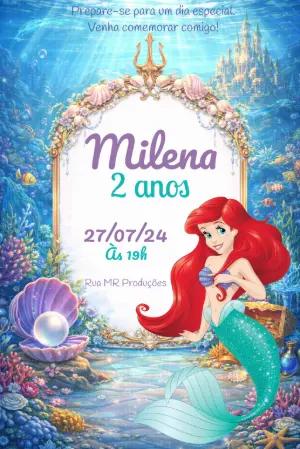 Convite de Aniversário Ariel Fundo do Mar Modelo Digital Editável