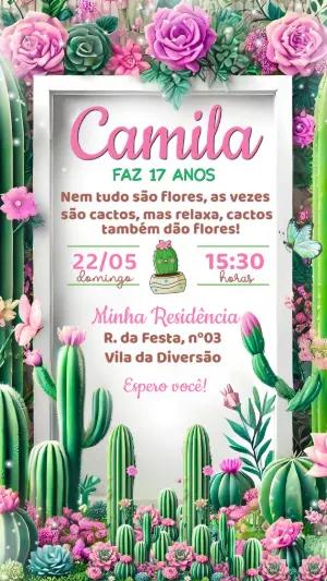 Convite de Aniversário Cactos e Flores Rosas Editável