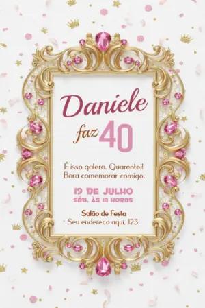 Convite de Aniversário 40 Anos Elegante Dourado e Rosa Editável