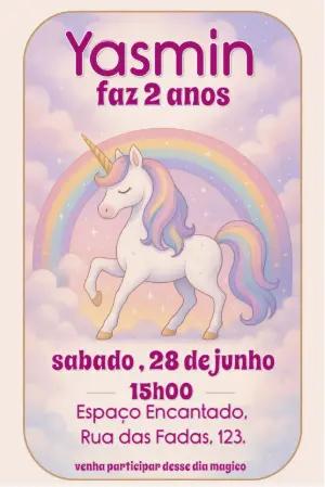Convite de Aniversário Unicórnio para Editar Online e Imprimir