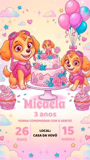Convite de Aniversário Skye Patrulha Canina Rosa Editável