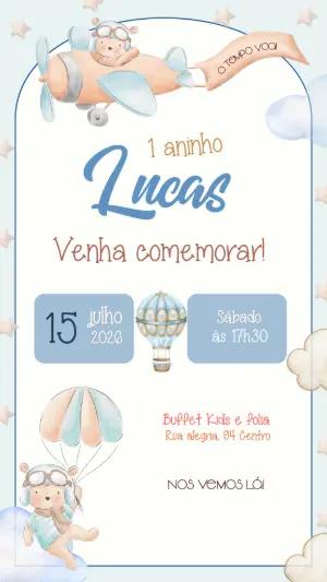 Convite de Aniversário Ursinho Aviador Aquarela para Editar