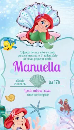 Convite de Aniversário Ariel Pequena Sereia Editável