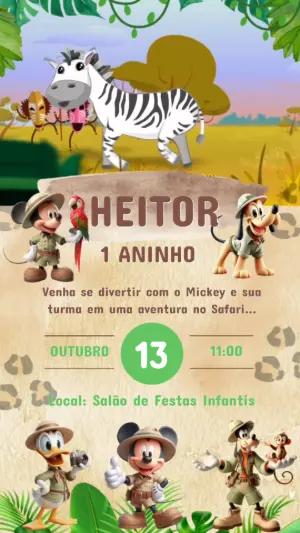 Convite Animado Mickey Safari: Vídeo de Aniversário Editável