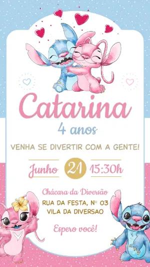 Convite de Aniversário Stitch e Angel Rosa Editável