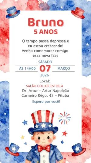 Convite de Aniversário Tio Sam Aquarela para Editar