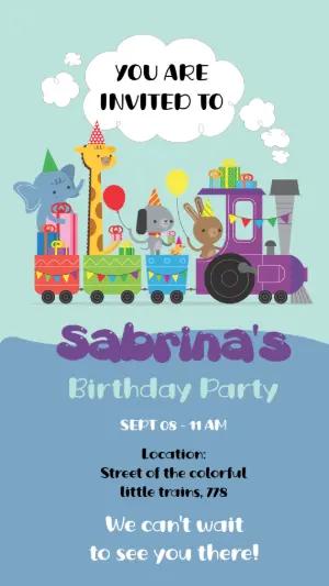 Colorful Animal Train Birthday Invitation - Editable Template
